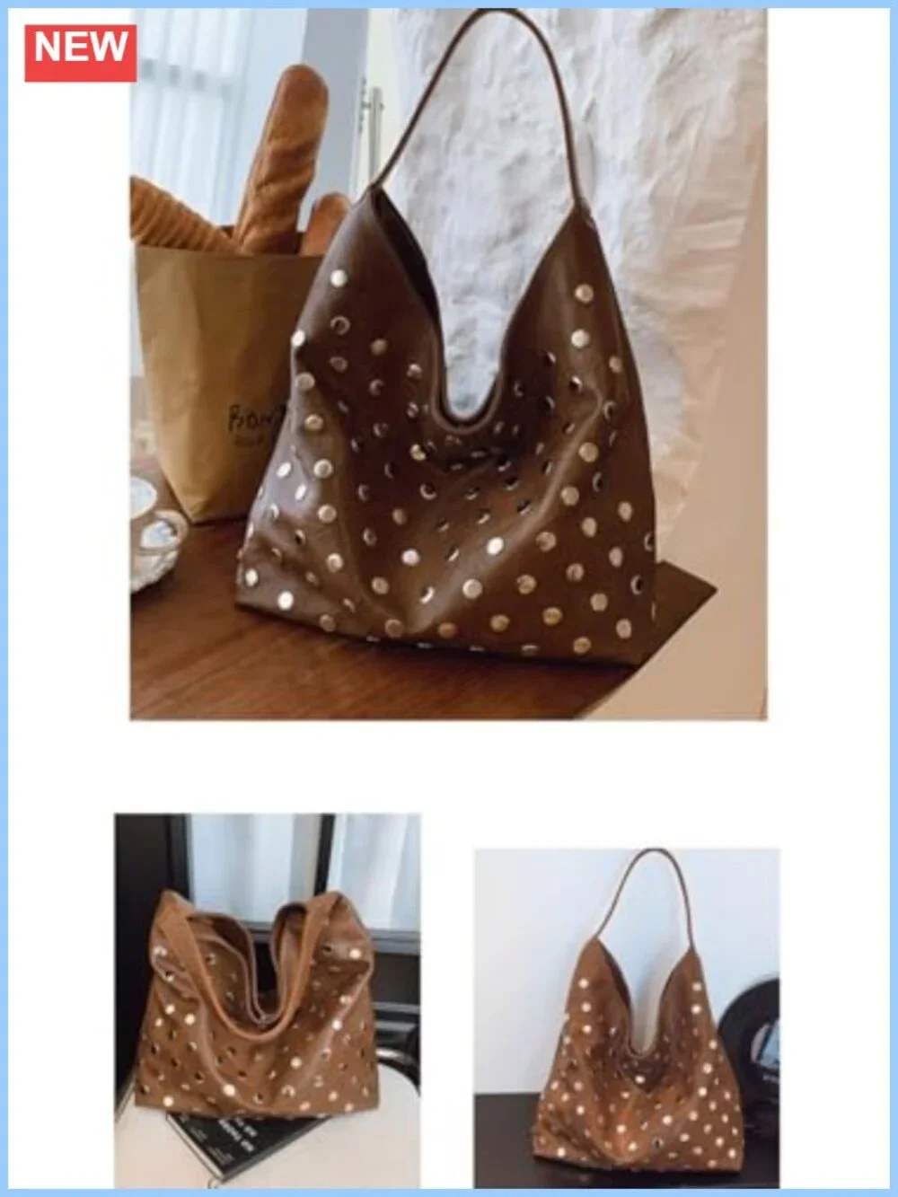 Vegan Leather Studded Hobo Bag Soft Slouchy Shoulder Purse